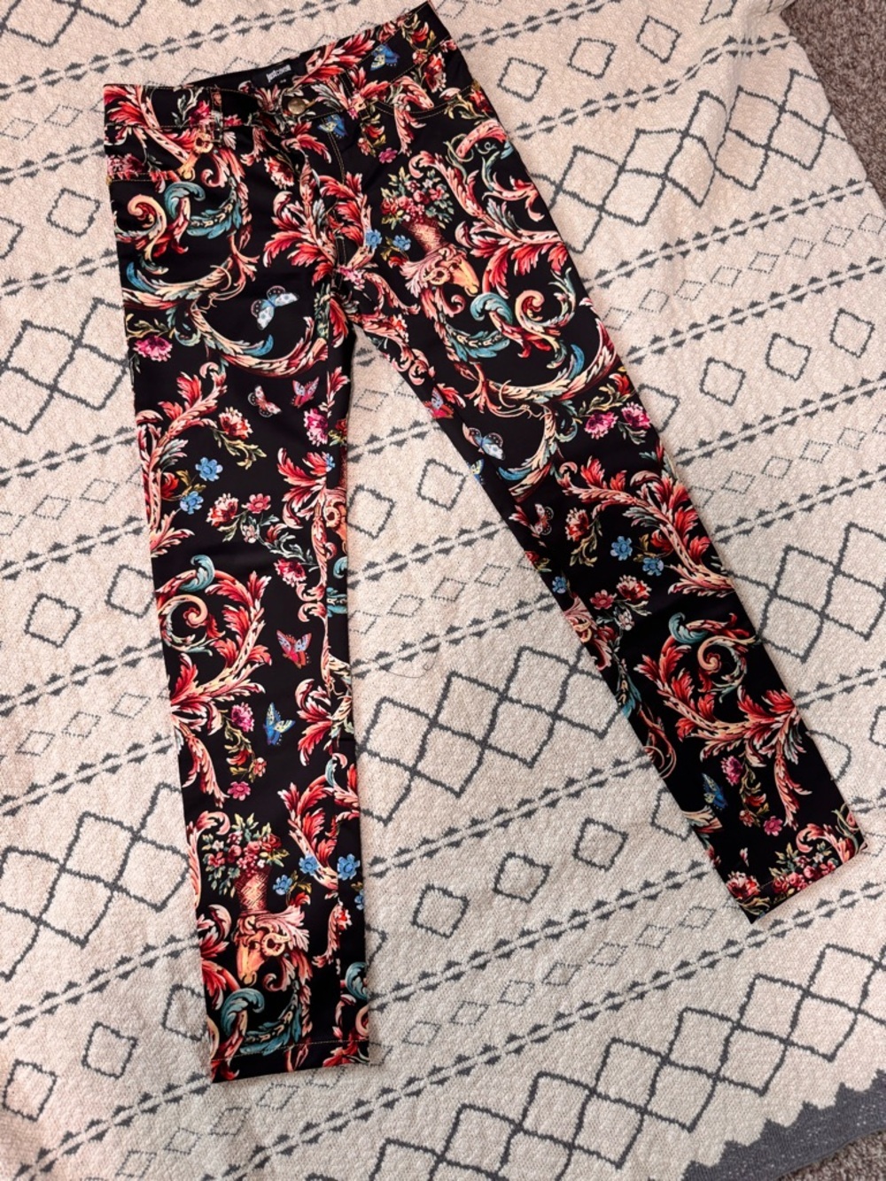 Just Cavalli Black Floral Print Pants with Pink and Gold Accents